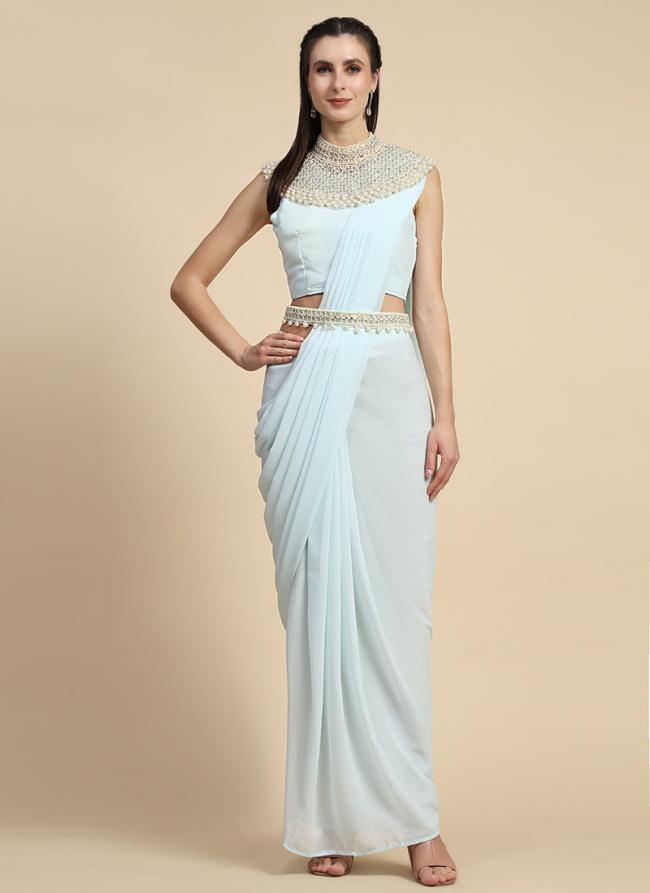 Georgette Light Blue Party Wear Moti Work Ready To Wear Saree